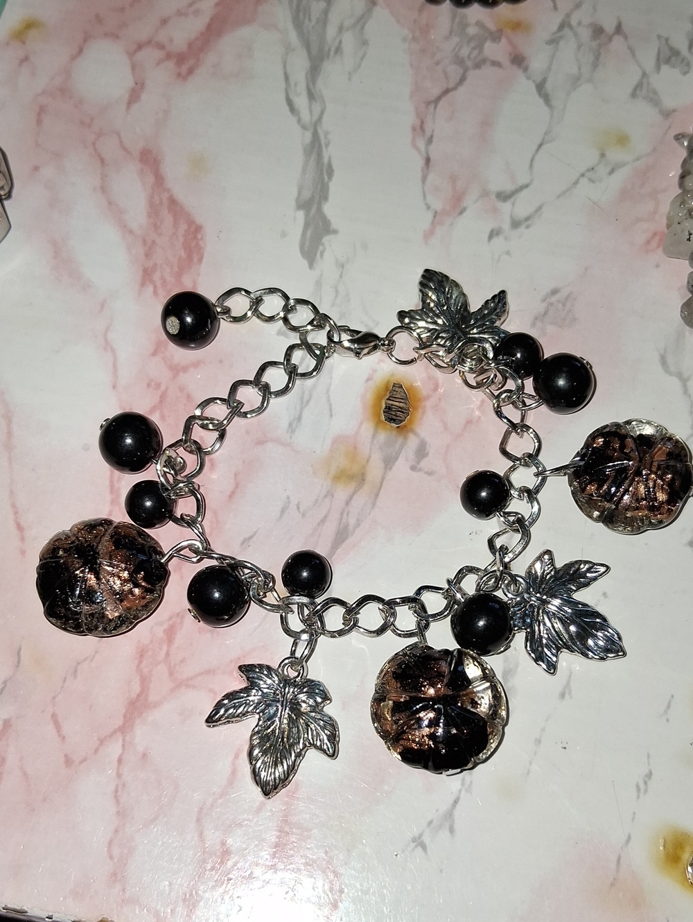 Silver Leaf and Black Bead Charm Bracelet - Black